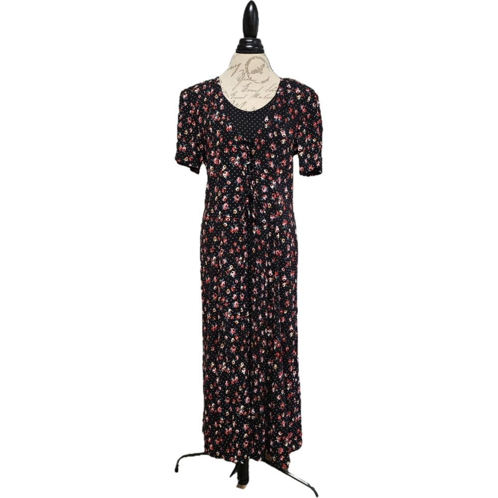 Vtg 90s‎ Brett Alixander Black Floral Polka Dot Maxi Dress Sz 11/12 Academia